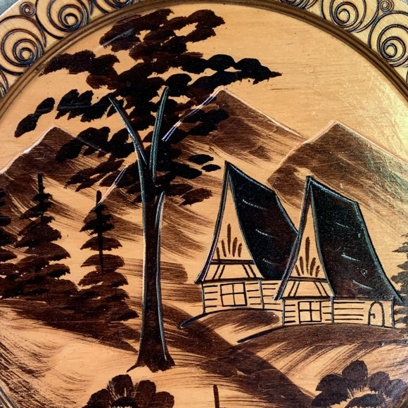 Wood Burned Plate Mountain Pyrography Chalet Cabin Wall Decor Handcrafted - Picture 2 of 7